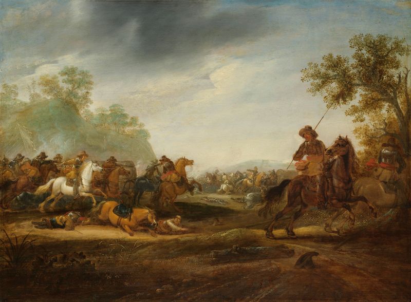 Cavalry Skirmish de A. van Hoef, óleo sobre lienzo que muestra soldados a caballo en batalla