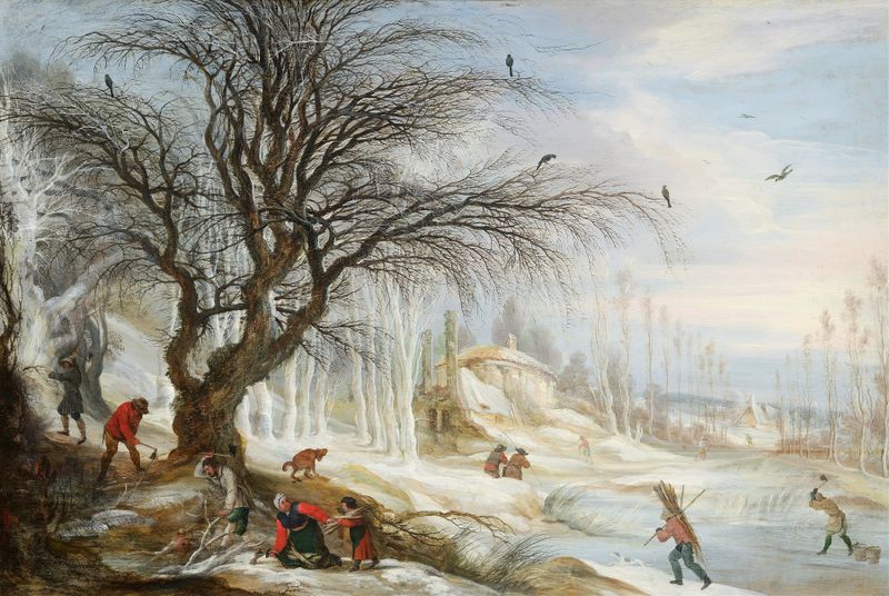 Winter landscape with wood gatherers, oil on canvas by Gijsbrecht Leytens