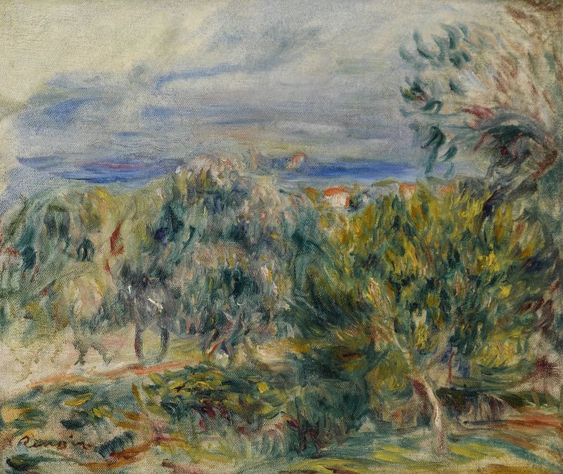 Paysage à Cagnes de Pierre-Auguste Renoir, óleo sobre lienzo que representa un paisaje tranquilo con luz dorada.