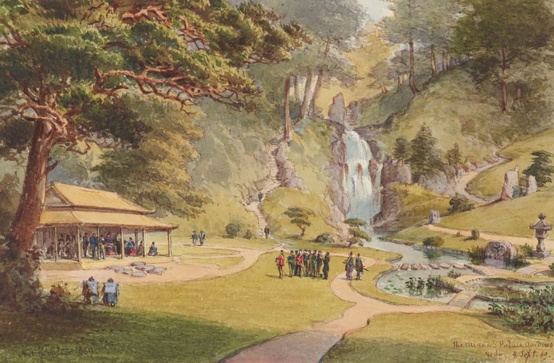 Paisagem Ukiyo-e de Nicholas Chevalier com flores de cerejeira e um pavilhão