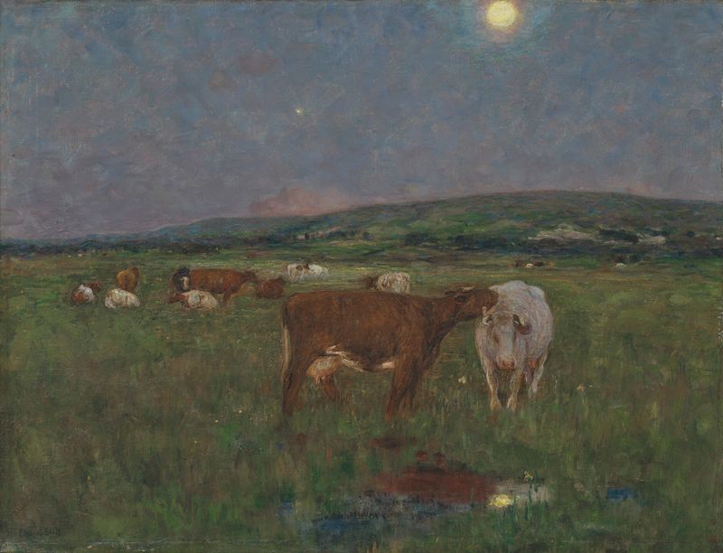 Landscape oil painting by Edward Stott depicting a serene twilight scene with a golden horizon.