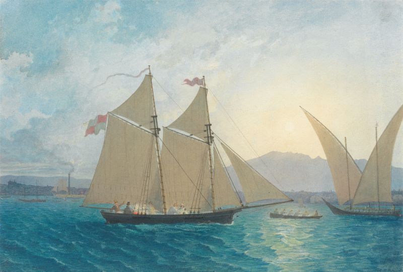 Pintura a óleo de Francis Danby mostrando um barco no Lago de Genebra com névoa.
