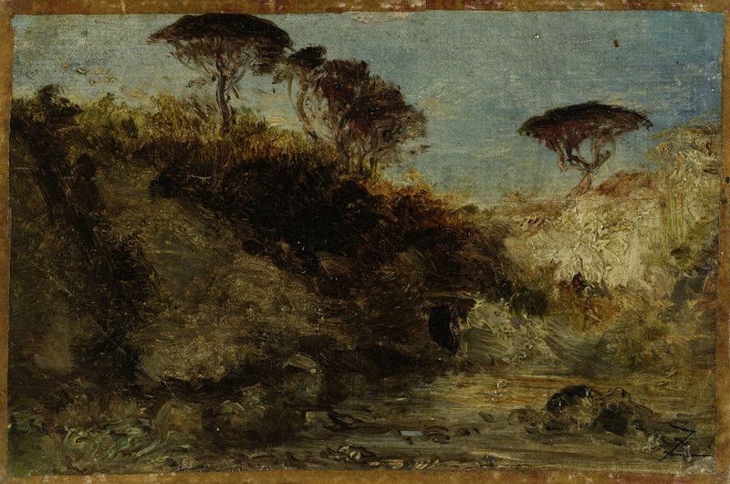 Paisaje con ruinas y parasoles coloridos, óleo de Félix Ziem