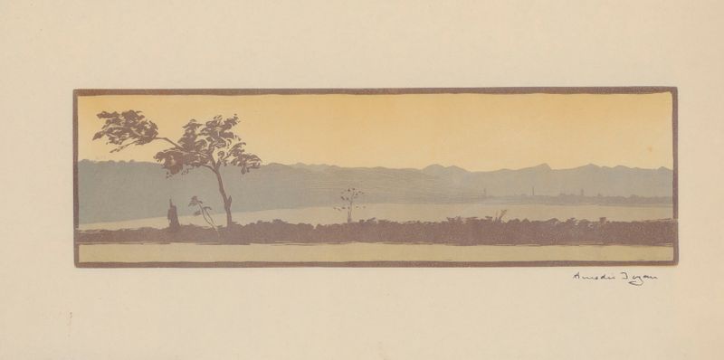Paisagem romântica de Amédée Joyau, retratando o crepúsculo sobre montanhas.