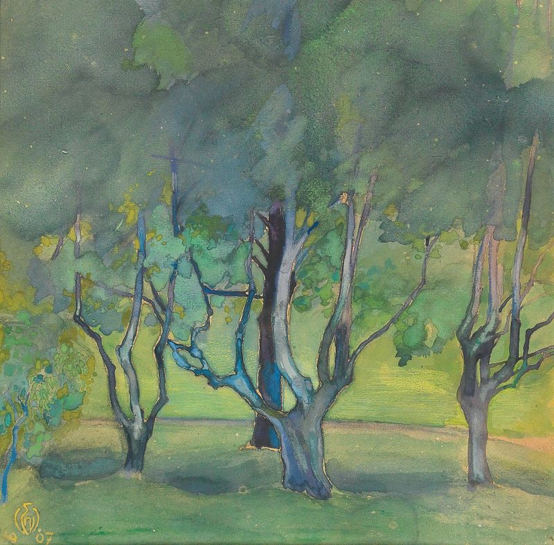 Paisagem de Pós-Impressionismo de Elsa Westfalen, retratando árvores verdes exuberantes sob a luz dourada.