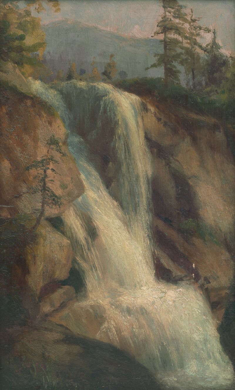 Waterfall de Ľudovít Čordák, impresionismo, representando una cascada serena en un entorno forestal