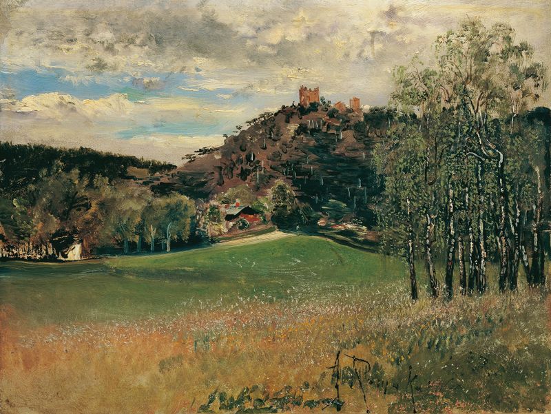 Landscape with a meadow and Mödling ruins, oil painting by Anton Romako