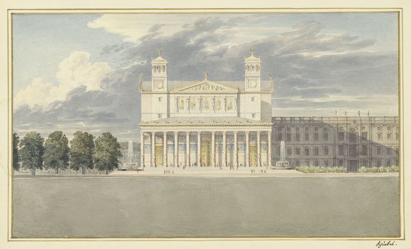 The Façade and Suroundings of a Cathedral for Berlin, ink on paper by Karl Friedrich Schinkel