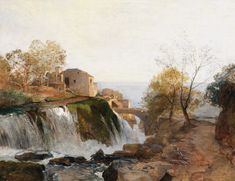 Paisagem com um moinho em um vale, óleo sobre tela de Emil Jakob Schindler