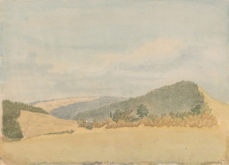 Summer Landscape by Jan Nowopacký, oil painting depicting rolling hills and a sunrise.