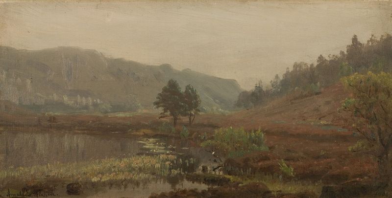 Paisaje con niebla y colinas de Amaldus Nielsen, pintura al óleo