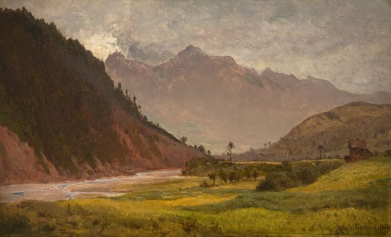 Landscape of mountains shrouded in mist, oil painting by Wojciech Gerson, 1884