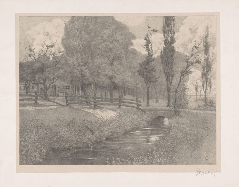 Landschap met boerderij bij een sloot de Simon Moulijn, óleo sobre tela que retrata uma fazenda ao lado de um canal.