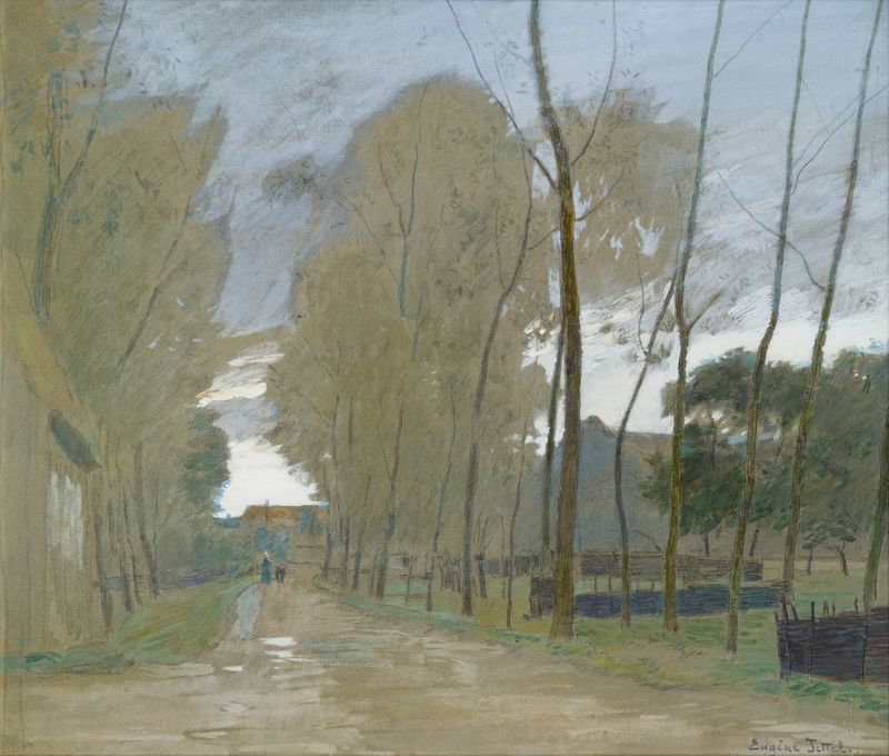 Oil painting by Eugen Jettel depicting a landscape with trees and sky.
