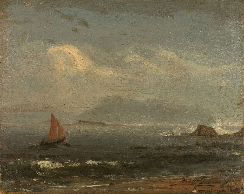 Regnstemning de Amaldus Nielsen, pintura al óleo que representa un paisaje con azules y grises brumosos.