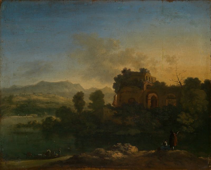 Südliche Landschaft mit Ruine, oil on canvas by Karel Dujardin, featuring ruins and golden light.