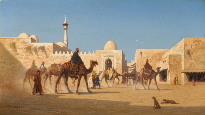 Genre scene of a sunlit square with figures in traditional attire, oil on canvas by Charles Théodore Frère.