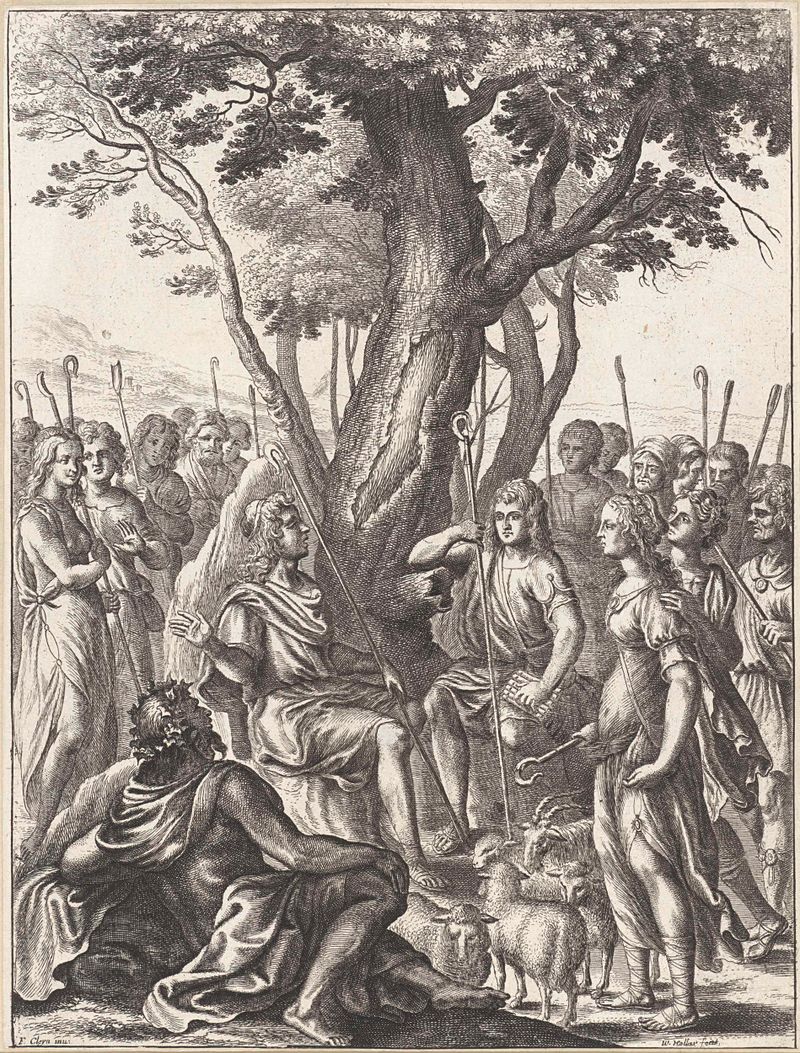 El pastor Meliboeus observa a Corydon y Thyrsis en una grabado de Wenceslaus Hollar