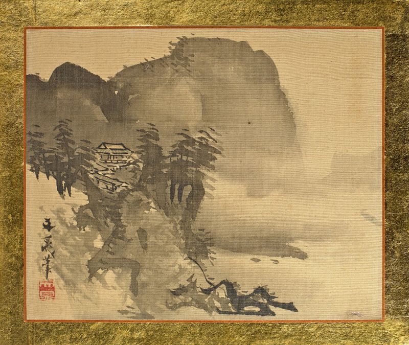 A house on a cliff with mountains in the background, ink on paper by Tani Bunchō