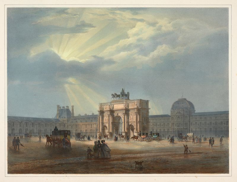 Landscape featuring the palace of the Tuileries and Triumphal Arch of Carrousel by Louis Jules Arnout, oil painting