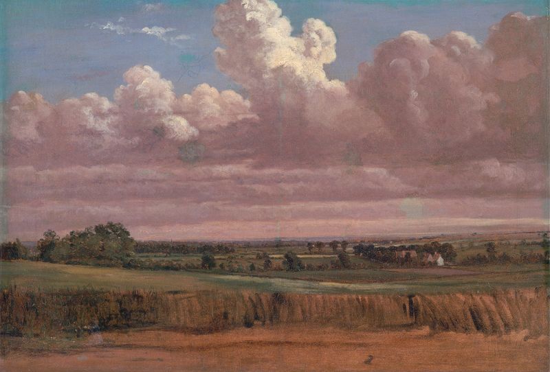 Landscape with Wheatfield by Lionel Constable, oil painting depicting golden wheat swaying in the breeze.