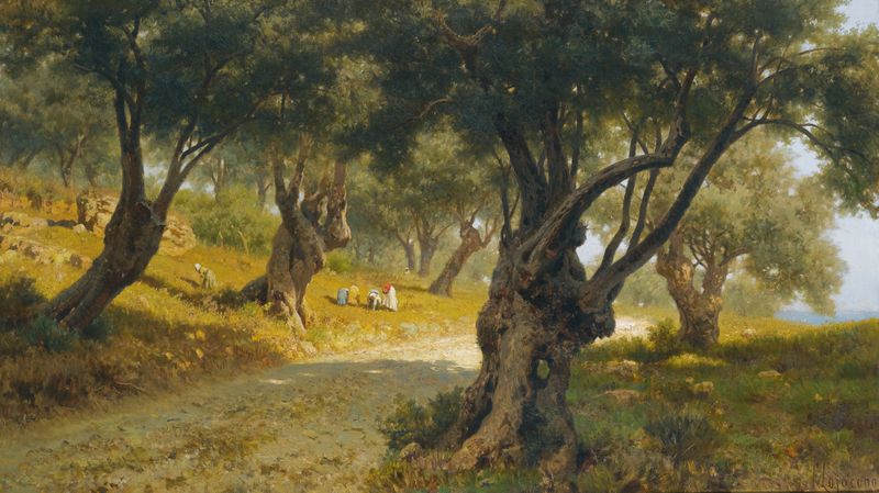The Olive Grove, Palermo by Francesco Lojacono, oil on canvas depicting olive trees in sunlight.