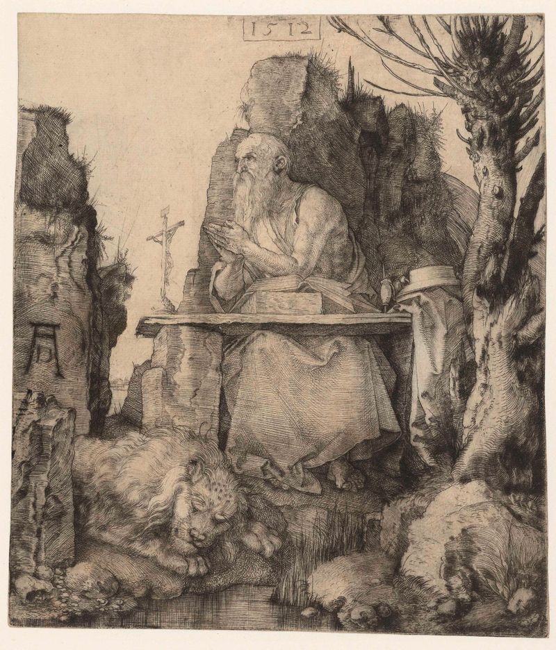 São Jerônimo no deserto de Albrecht Dürer, gravura em ponta seca de um eremita em uma floresta
