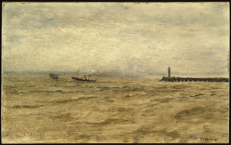 Marine scene with gentle waves and horizon in oil on canvas by Homer Dodge Martin