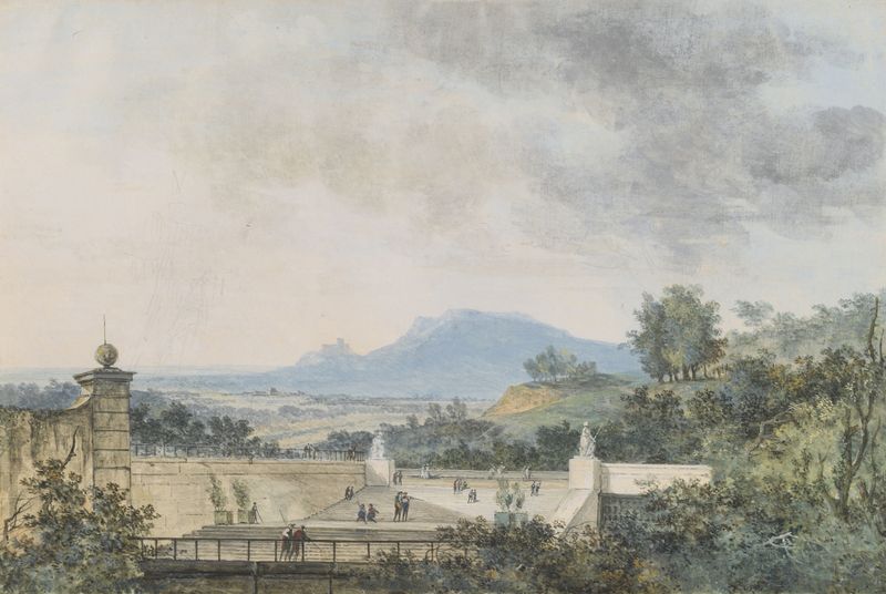 Vista panorâmica de um parque em terraços com água, gravura de Louis Gabriel Moreau