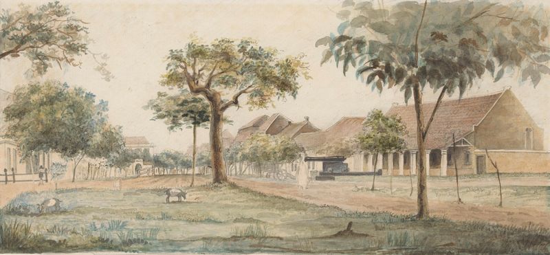 Landscape oil painting by J. G. van der Does depicting a settlement at sunset