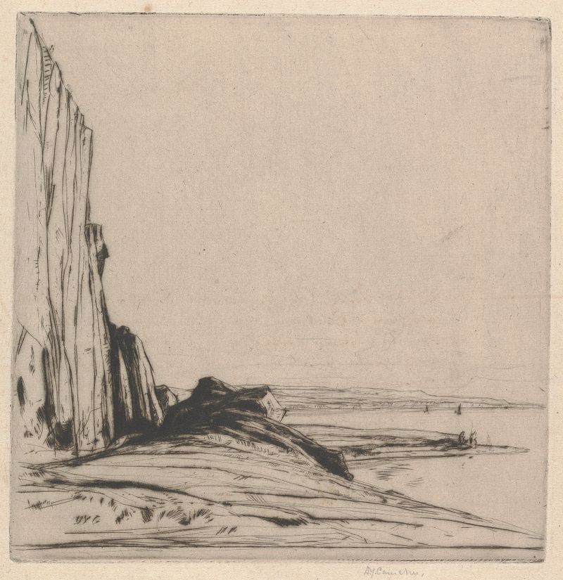 Aquarela de David Young Cameron representando uma paisagem acidentada com rochas irregulares e colinas distantes.