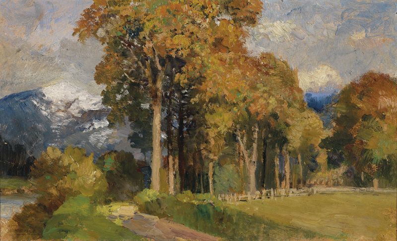 Paisaje de otoño con árboles altos y colores cálidos, pintura al óleo de Marie Egner