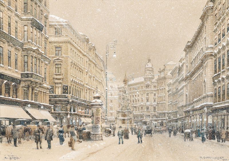 Impressionist oil painting by Richard Moser depicting Graben in Vienna during a snow flurry