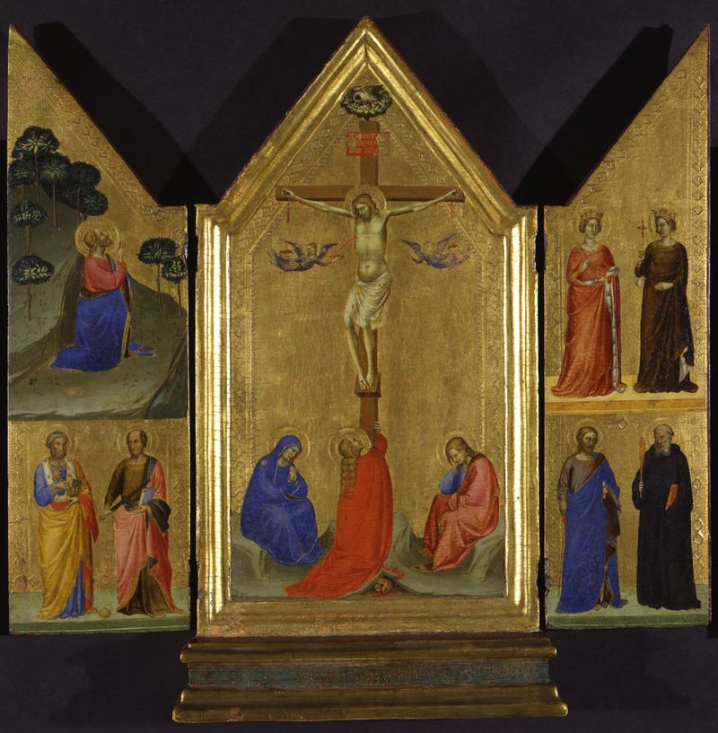 Renaissance gold artwork by Bernardo Daddi depicting Christ on the cross with the Virgin Mary and saints.
