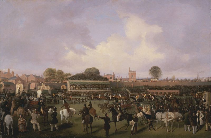 Escena de género que representa una carrera de caballos con colores vibrantes, de William Tasker