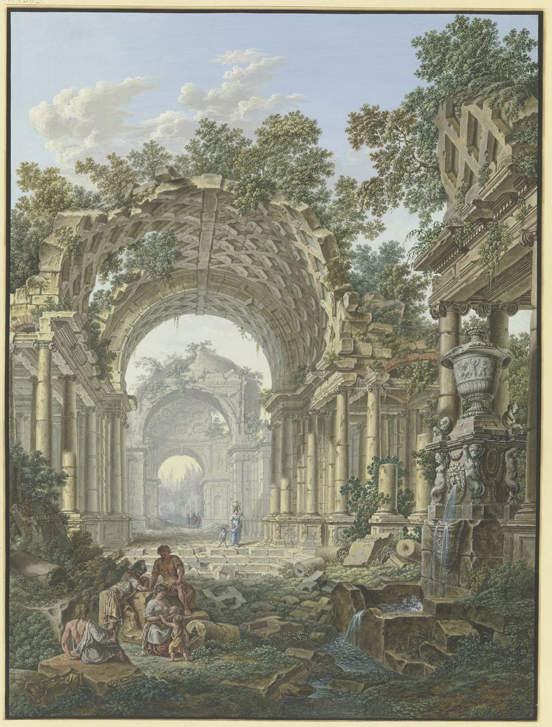 Landscape oil painting by Jean François Gout featuring ruins and a fountain