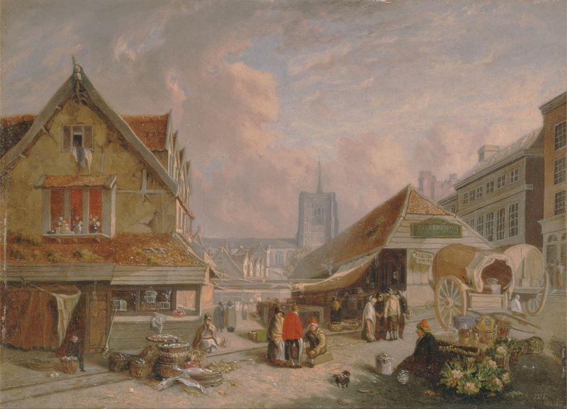 The Old Fishmarket, Norwich de David Hodgson, realismo, representando un mercado desvanecido con puestos de madera