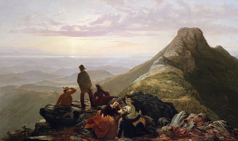 Genre scene depicting a gathering at sunset, oil painting by Jerome Thompson