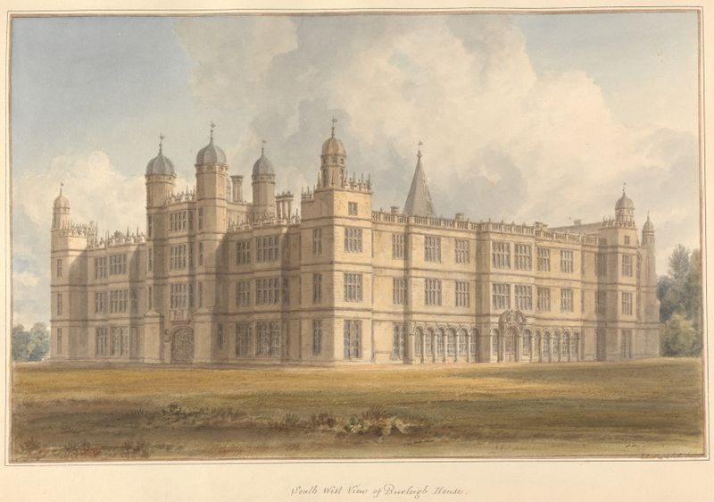 South West View of Burleigh House de John Buckler, pintura a óleo que retrata uma paisagem com árvores e colinas.