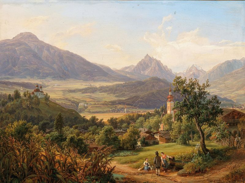 Landscape depicting Dorf Arzl und der Kalvarienberg by Anton Schiffer, oil painting