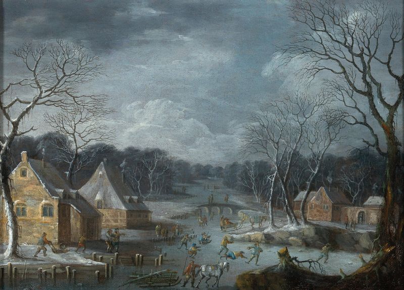 Un paisaje invernal con patinadores sobre el hielo, óleo sobre lienzo de Robert Griffier