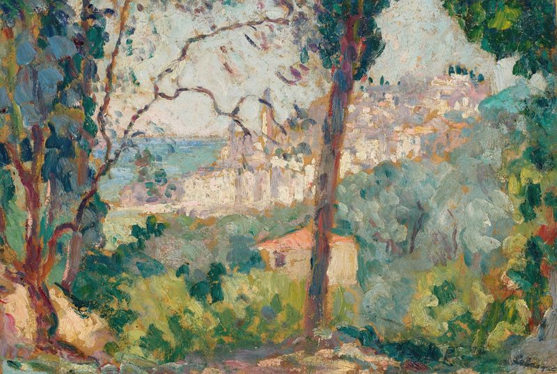 Le Village de Henri Lebasque, pintura al óleo que muestra un paisaje colorido con casas y luz solar.