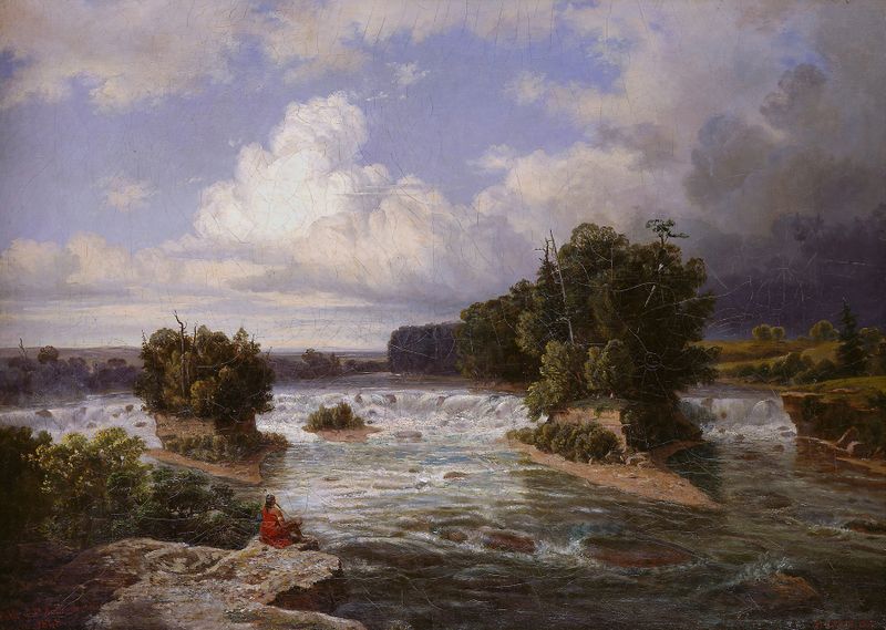 St. Anthony Falls as It Appeared in 1848, oil on canvas by Henry Lewis, depicting a waterfall and river.