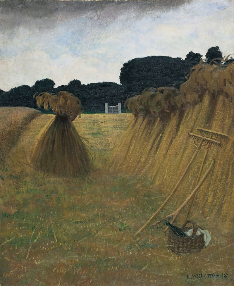 Landscape with wheat sheaves and a vibrant sky, oil painting by Félix Vallotton