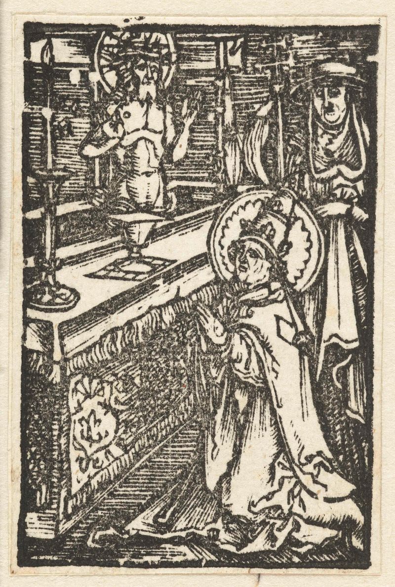 Gravura religiosa em papel de Albrecht Dürer representando Santo Gregório