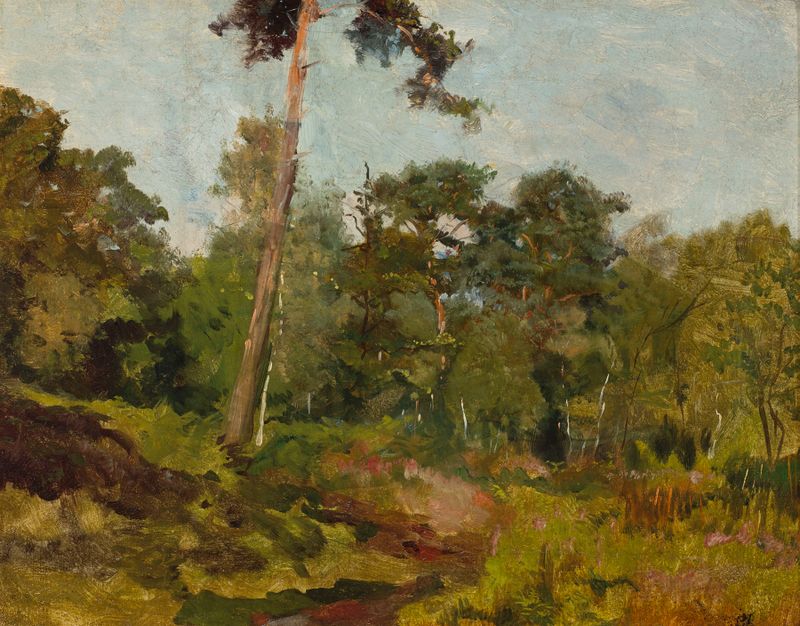 Genre scene with hunters and dogs in Lasek Buloński by Jozef Chelmonski, oil painting