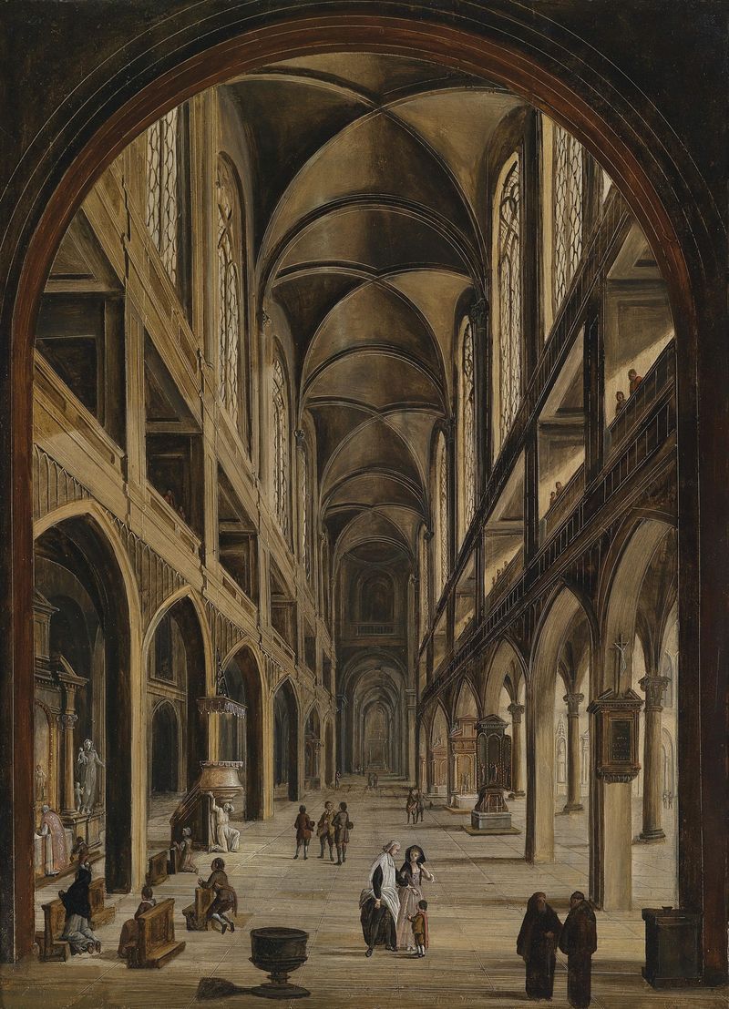 Kircheninterieur by Christian Stöcklin, oil on canvas, depicting a church interior with stained glass light.