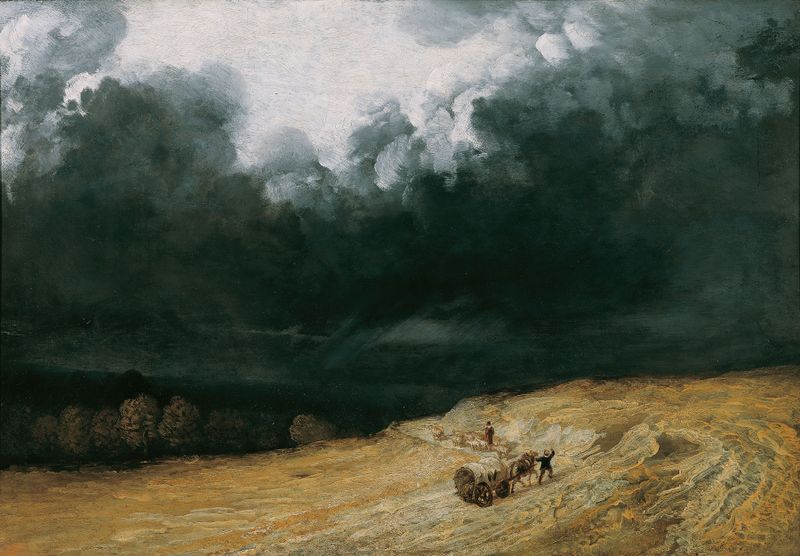 Gewitterlandschaft de Georges Michel, pintura a óleo que retrata uma paisagem tempestuosa com nuvens escuras.