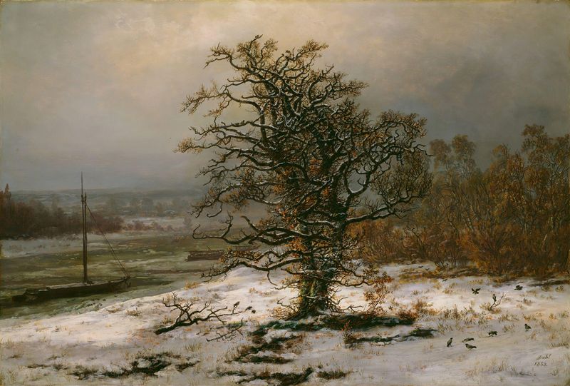Oak Tree by the Elbe in Winter, pintura al óleo de Johan Christian Dahl, con un roble solitario en invierno.