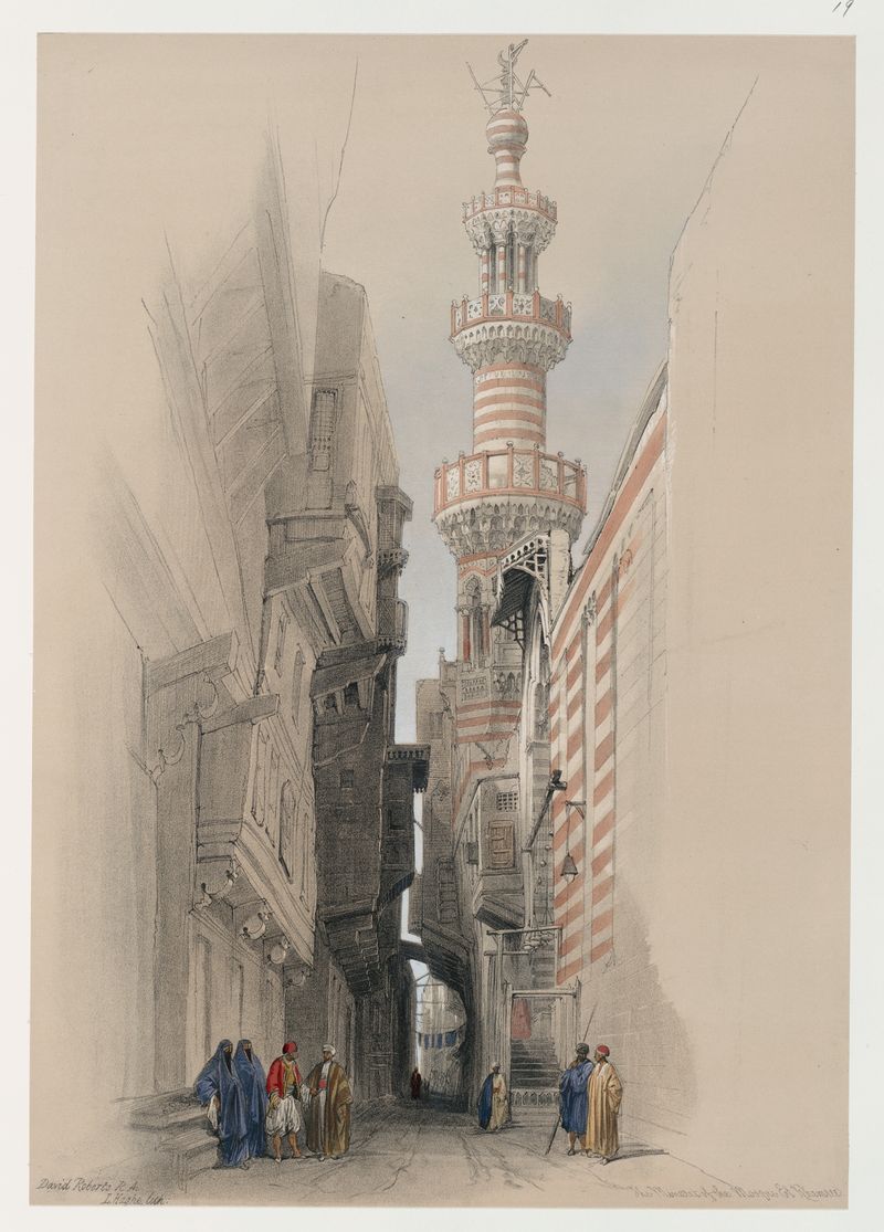 O minarete da Mesquita El Rhamree, óleo sobre tela de David Roberts, mostrando uma paisagem antiga ao amanhecer.